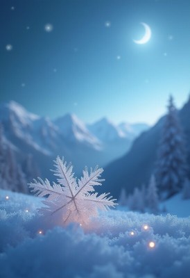 Snowflake shines under moonlight in winter landscape