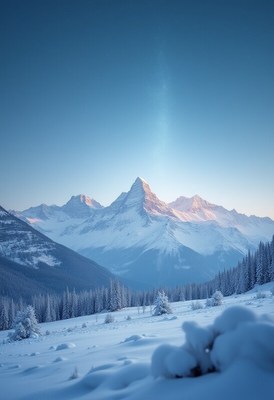 Majestic snowy mountains at dusk in winter landscape