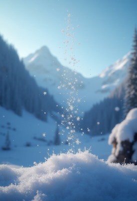 Snowflakes falling gently in a serene mountain valley
