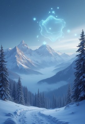 Magical snow-covered mountains with glowing effects