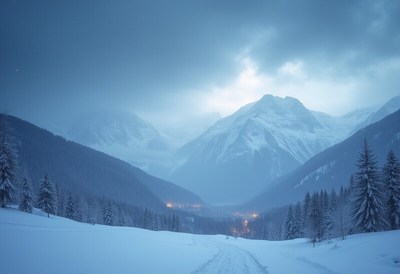 Snowy mountain landscape at dusk with distant lights