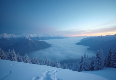 Snow-covered mountains at dawn in a winter landscape
