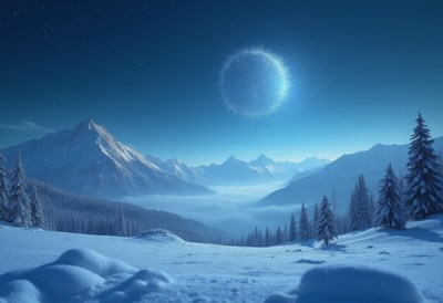 Winter landscape with glowing orb above the mountains