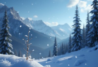 Winter landscape with snow-covered mountains and trees