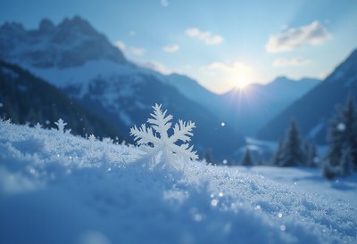 Snowflake glistens in sunlight on winter mountain scene