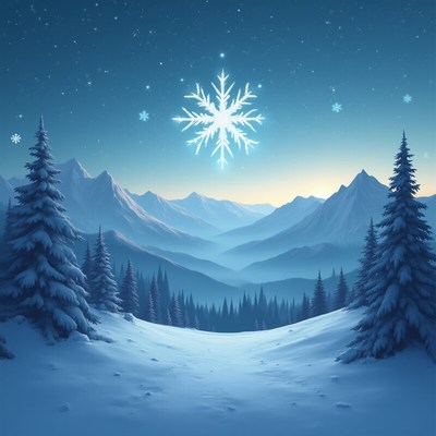 Snowy mountain landscape with glowing snowflake at dusk
