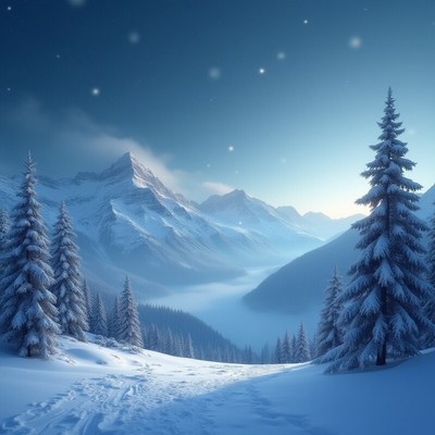 Snowy mountain landscape at dawn with fir trees