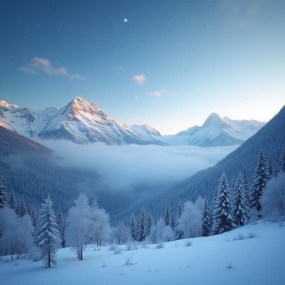 Snow-covered mountain landscape during early morning light