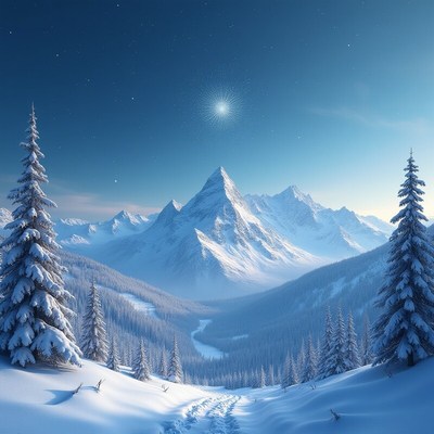 Snowy mountain landscape under a starry sky at dusk