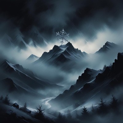 Mysterious mountain landscape with a snowy tree on peak
