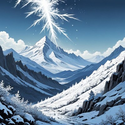 Snowy mountain landscape with bright star above