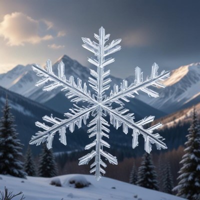 Snowflake design floating over mountain landscape