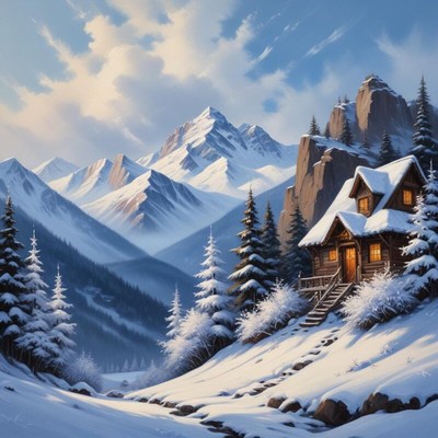 Cozy cabin in a snowy mountain landscape at sunset