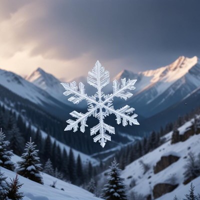 Snowflake glistening against a mountain backdrop