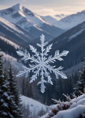 Snowflake in the mountains during winter sunset