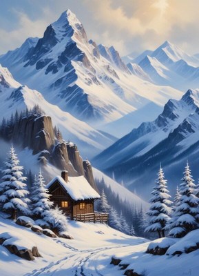 Winter cabin in a snowy mountain landscape at sunset