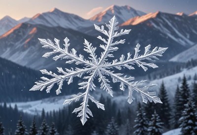 Snowflake crystal against a mountain backdrop in winter