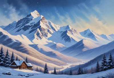 Snowy mountain landscape with a cozy cabin at dusk