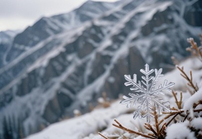 Snowflake resting on mountain grass during winter season