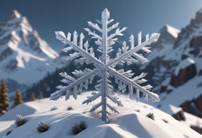 Snowflake rests on snowy mountain landscape in winter