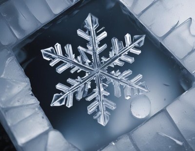 Sparkling snowflake surrounded by ice in clear water