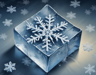 Frozen snowflake resting on an ice block