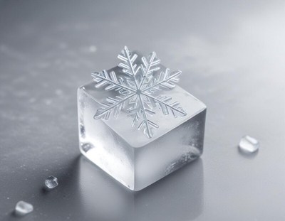 Beautiful ice cube with a snowflake design on a surface