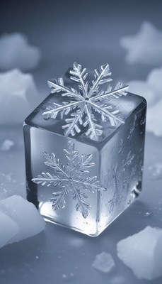 Intricate ice cube with snowflake design on a cold surface