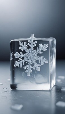 Intricate snowflake design frozen in ice cube