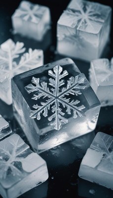 Snowflake-patterned ice cubes on black surface