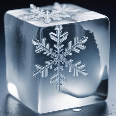 Clear ice cube with intricate snowflake design