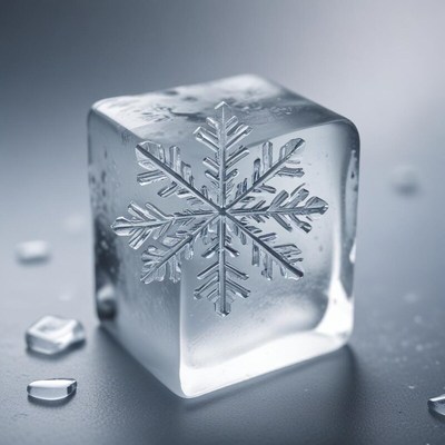 Frozen cube of ice with detailed snowflake design