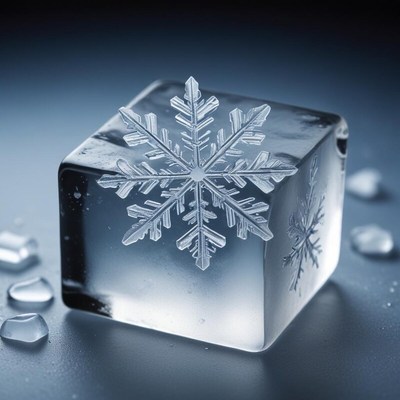 Intricate snowflake design in a clear ice cube
