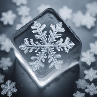 Beautiful ice cube with snowflake in winter setting