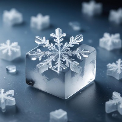Detailed snowflake resting on clear ice block