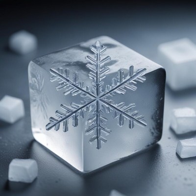 Frosted ice cube with snowflake design on a dark surface
