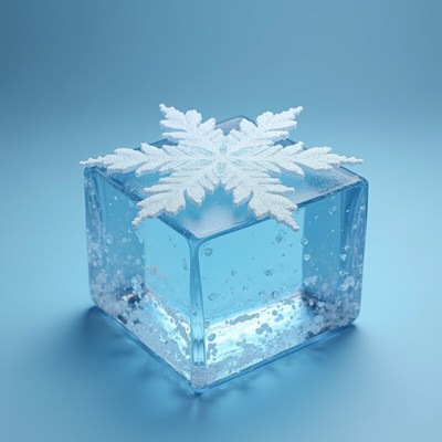 Frozen cube with a snowflake under blue lighting