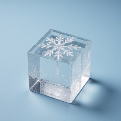 Beautiful frozen ice cube with snowflake design