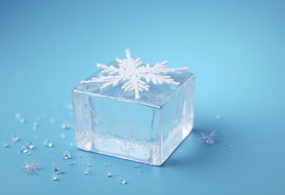 Ice cube with decorative snowflake on blue background