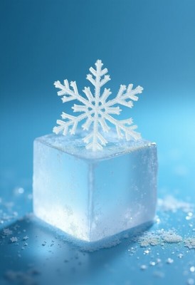 Delicate snowflake resting on a clear ice cube