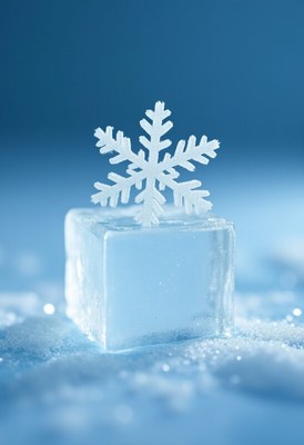 Ice cube with a snowflake on top in a winter setting