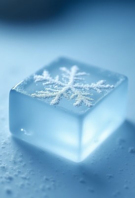 Ice cube with snowflake design on a blue surface