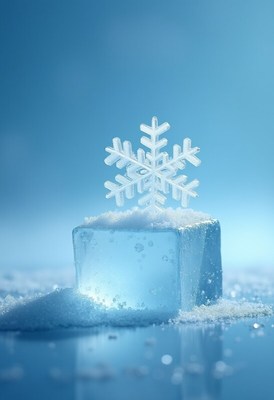 Crystal snowflake resting on clear ice block