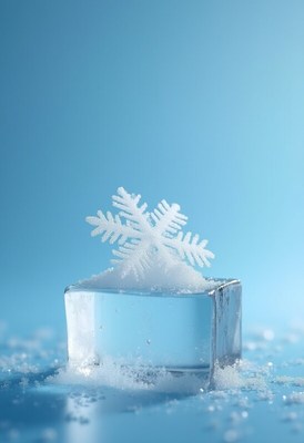 Ice cube with snowflake on blue background