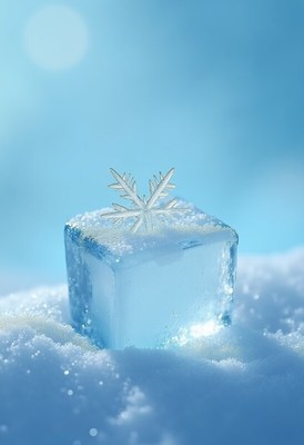 Ice cube with snowflake on top in winter setting