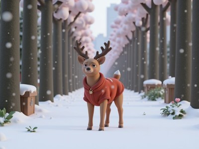 Reindeer in a winter wonderland setting with pink trees