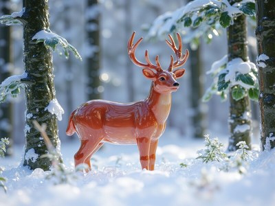 Deer statue stands gracefully in snowy forest scene