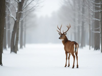 Majestic deer stands in snowy forest scene