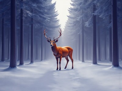 Majestic deer standing in a snowy forest path