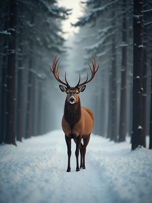 Majestic deer standing in snowy forest path